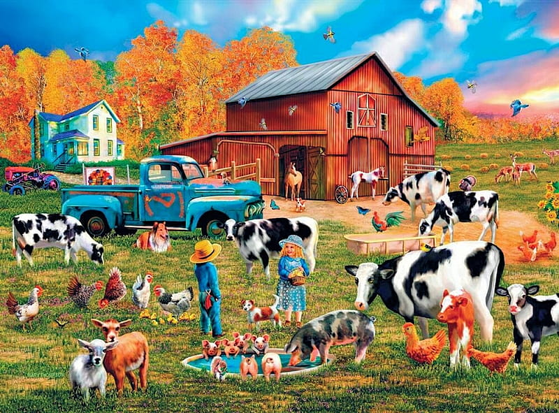 Autumn Sundown, car, painting, poultry, trees, cows, barn, artwork, HD wallpaper