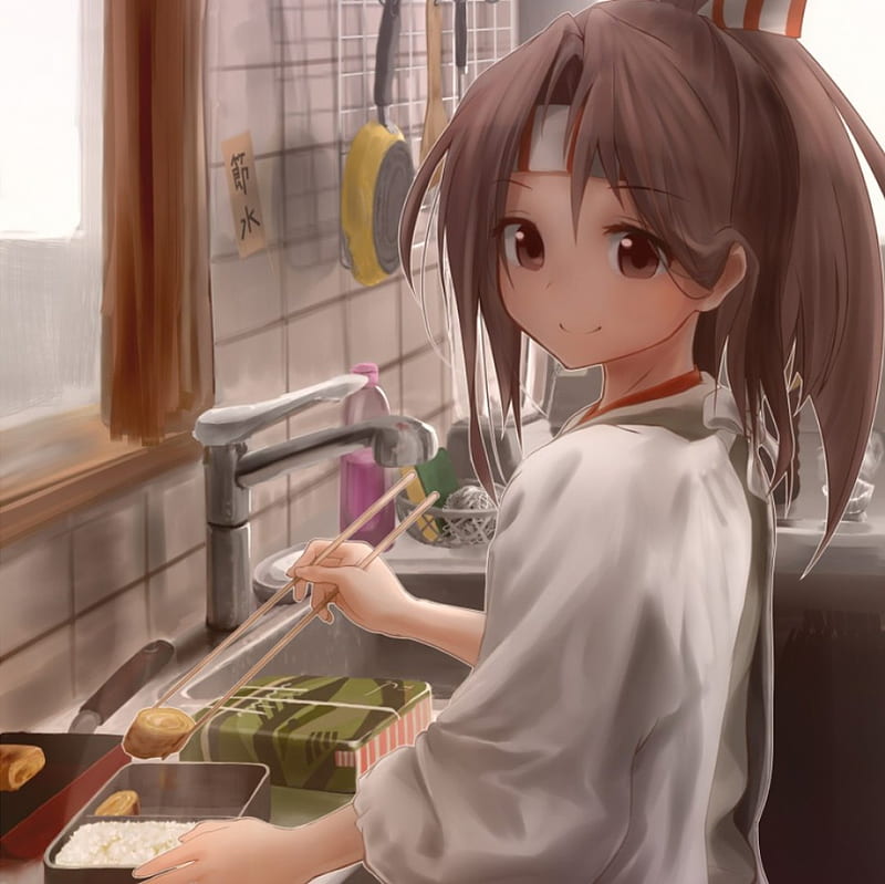 What's Cooking, sink, house, cooking, home, box, adorable, chopsticks, anime, anime girl, apron, long hair, sushim food, female, brown hair, kitchen, cute, chef, kawaii, girl, cook, HD wallpaper