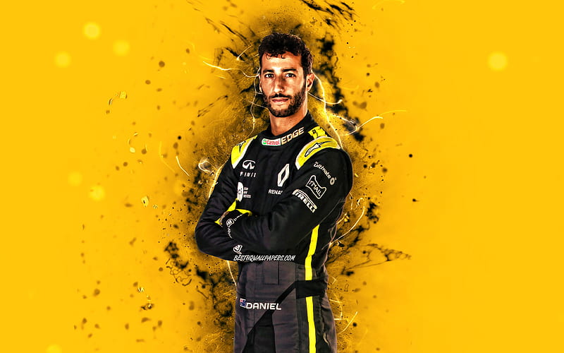 Daniel Ricciardo, 2020 Renault DP World F1 Team, australian racing drivers, Formula 1, yellow neon lights, F1 2020, Daniel Joseph Ricciardo, F1, Renault F1 Team, HD wallpaper