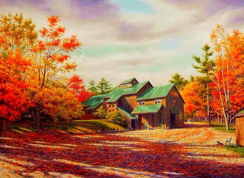 Autumn Farm, countryside, fall, farmhouse, painting, colors, trees, artwork, HD wallpaper