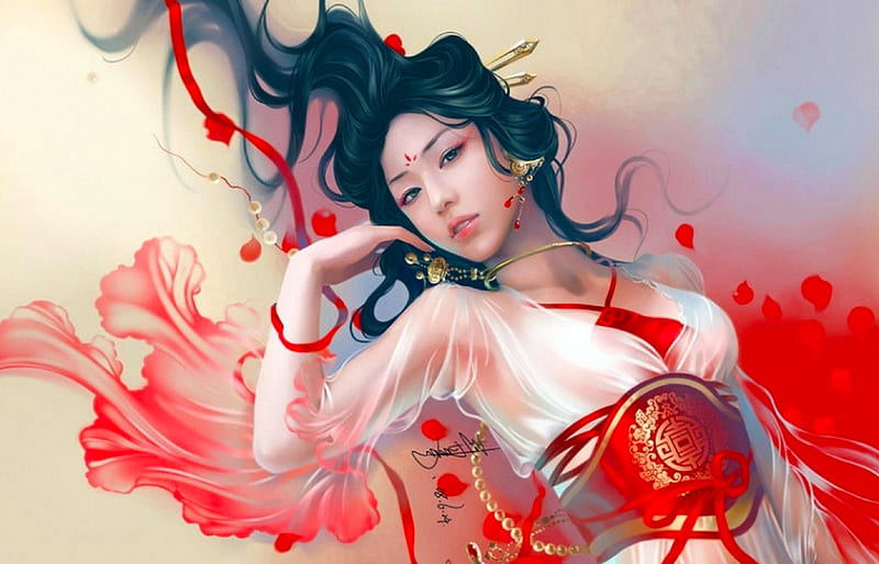 Geisha Fantasy, red, art, fine, cg, bonito, woman, geisha, fantasy, girl, serene digital, asian, HD wallpaper