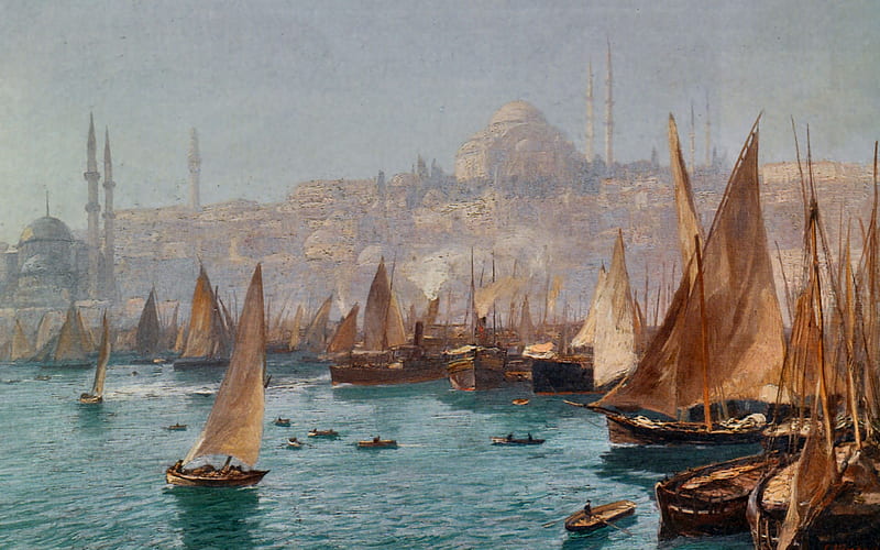 Boats in the Port of Constantinople F, art, ocean, bonito, artwork, sea, painting, wide screen, scenery, sailboats, HD wallpaper
