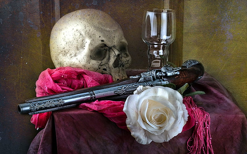 Macabre Still Life, Rose, Skull, Still Life, Gun, HD wallpaper
