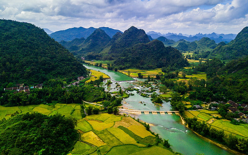 Vietnam, mountain landscape, river, dam, bridge, forest, HD wallpaper
