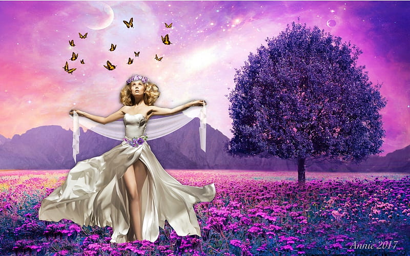 Purple Passion Fantasy, dreamy, lovely, blonde, butterflies, Fantasy, softness, tree, fantasy girl, purple, flowers, beauty, fields, lady, HD wallpaper