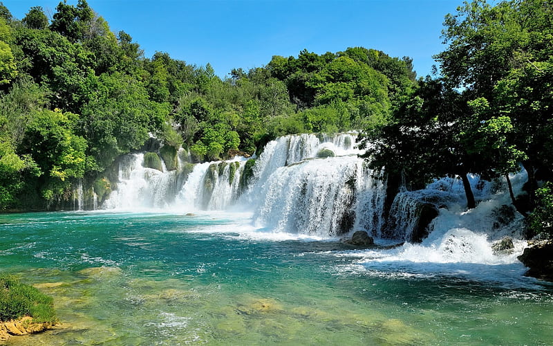 waterfalls, summer, Krka river, forest, Croatia, Krka National Park, HD wallpaper