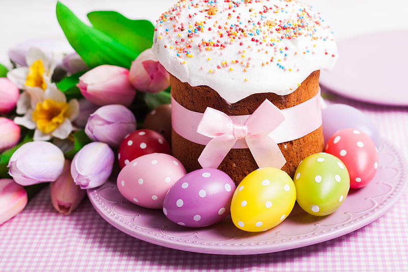 Easter, cake, eggs, tulips, HD wallpaper