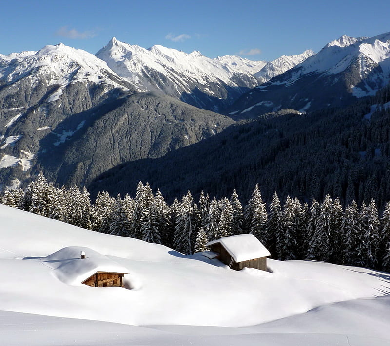 Winter Wonderland, cabins, mountains, snow, wood, HD wallpaper