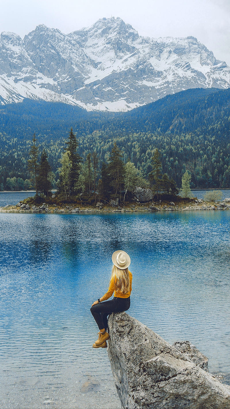 On the edge, back, edge, girl, lake, mountains, rock, sitting, trees, HD phone wallpaper