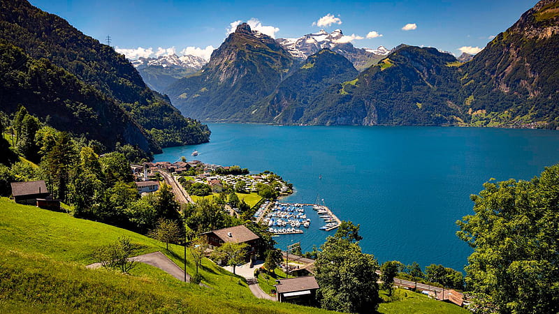 Village Near Alps Lake Around Mountain Panorama Switzerland Travel, HD wallpaper