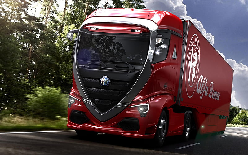 Alfa Romeo Truck Concept, exterior, front view, red truck, cargo transportation, cargo delivery, Alfa Romeo, HD wallpaper