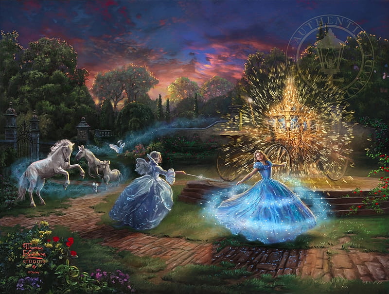Cinderella, fanart, dress, luminos, horse, thomas kinkade, painting, magical, pictura, fairy, disney, blue, HD wallpaper