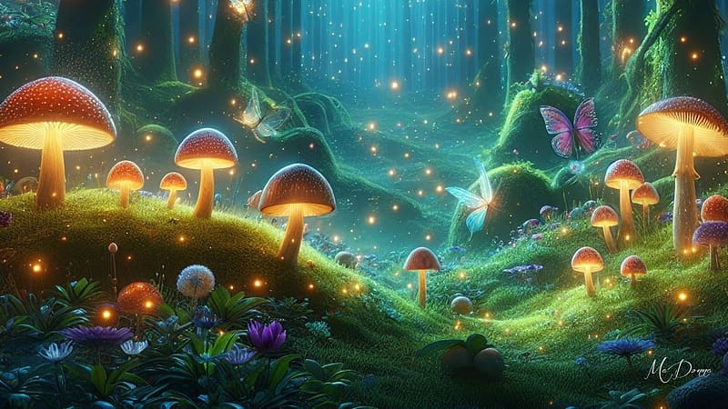 Magical Mushroom Forest, fairies, butterflies, mystical, lights, mushrooms, forest, magical, woods, HD wallpaper