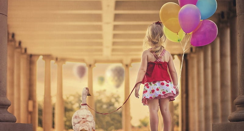 Girl with Goose, goose, girl, leash, balloons, HD wallpaper