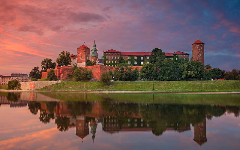 Wawel Castle,Poland, sunset, nature, reflection, castle, river, HD wallpaper