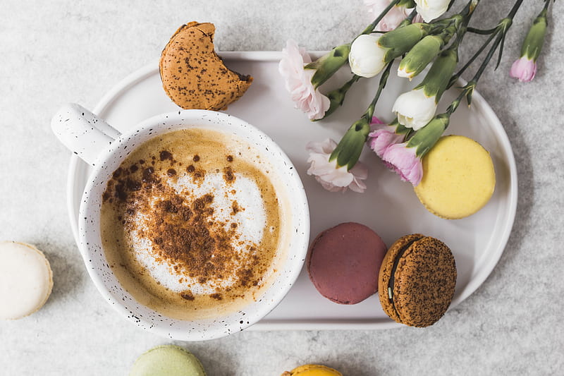 Food, Coffee, Cup, Drink, Flower, Macaron, Still Life, HD wallpaper