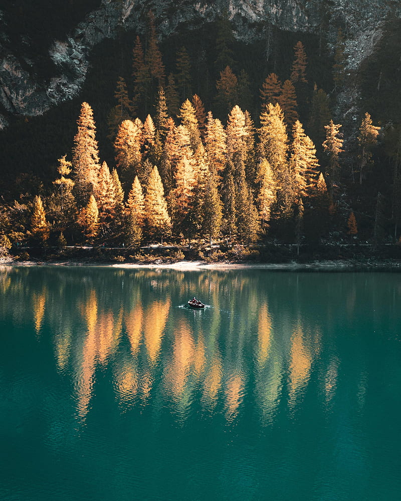 lake, boat, trees, landscape, autumn, HD phone wallpaper