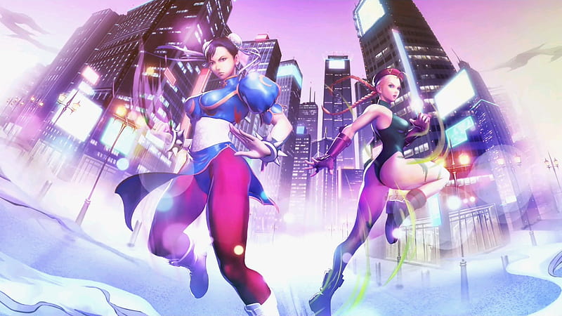 Chun Li & Cammy, games, street fighter, chun li, buildings, video game, game, video games, fighters, skyscrapers, city, gloves, anime, wristbands, beret, cammy white, HD wallpaper