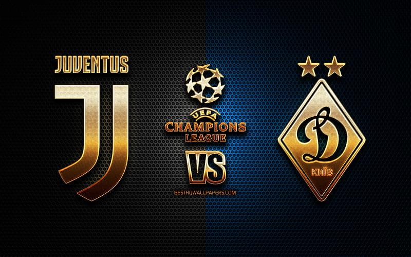 Juventus vs Dynamo Kyiv, season 2020-2021, Group G, UEFA Champions League, metal grid backgrounds, golden glitter logo, FC Dynamo Kyiv, Juventus FC, UEFA, HD wallpaper