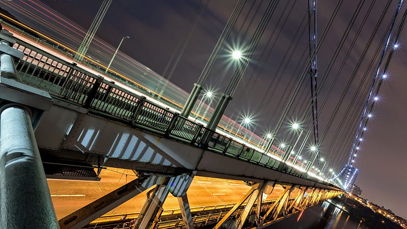 fantastic night view of the george washington bridge r, bridge, r, double decks, lights, wires, HD wallpaper