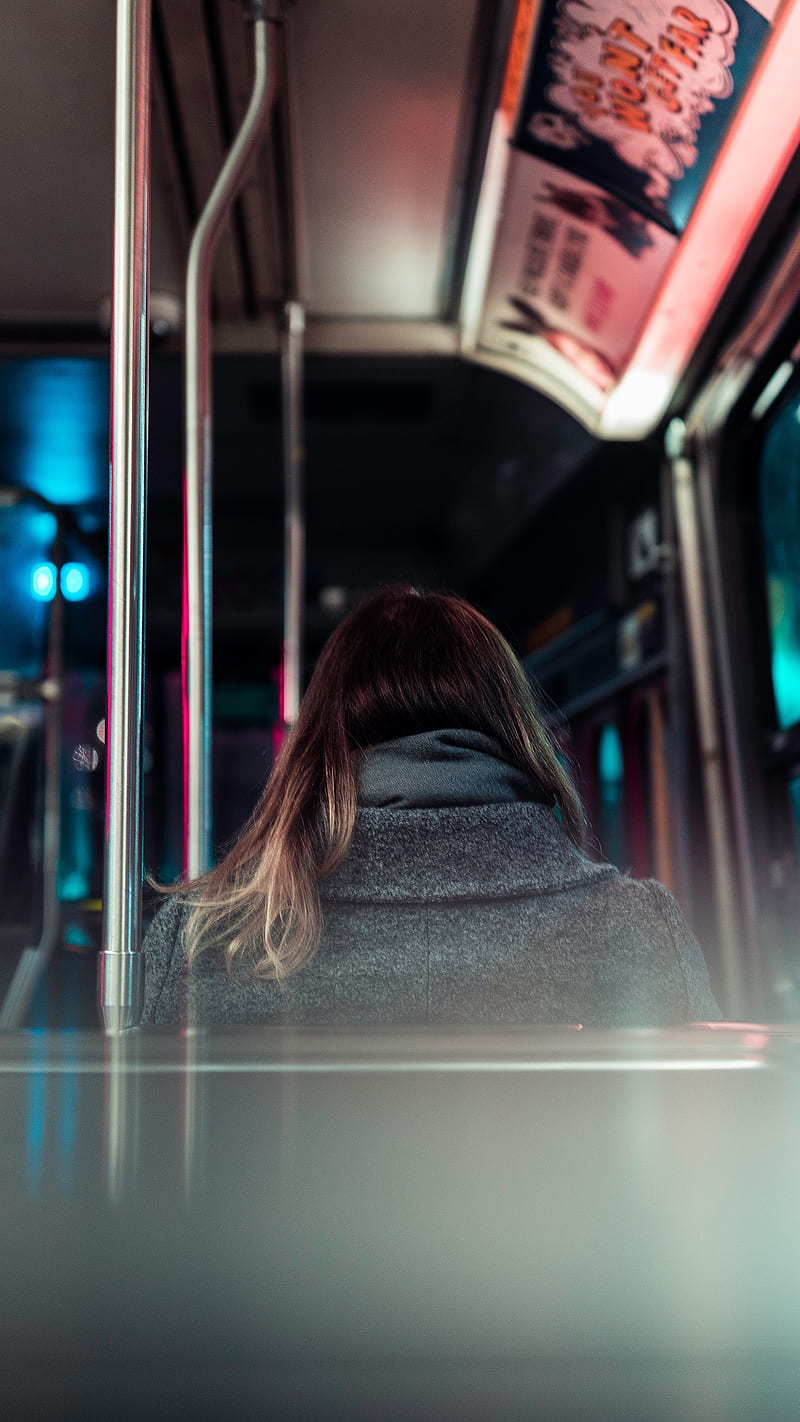 Commute, 35mm, 5D, 5DMKIV, Danilo, alone, blonde, blue, bokeh, bus, canon, car, clothes, cold, color, colorful, focus, girl, hair, jacket, late, magenta, mindful, night, nightlife, people, person, public, street, streetcar, thinking, transportation, urban, vibe, winter, woman, women, HD phone wallpaper
