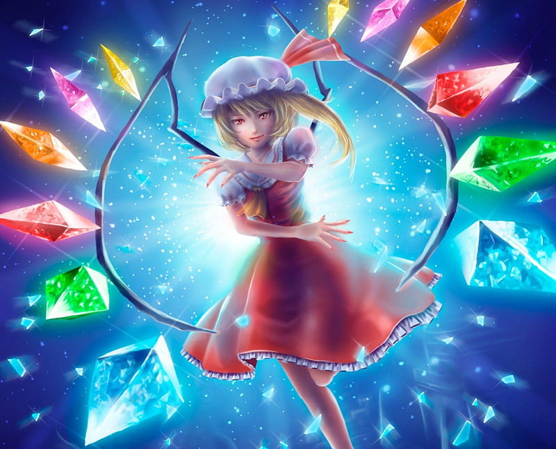 Colorful, dress, glow, cg, sparks, magic, wing, fantasy, anime, touhou, hot, anime girl, realistic, long hair, light, fairy, blue, female, wings, sexy, flandre scarlet, cute, 3d, girl, crystal, HD wallpaper