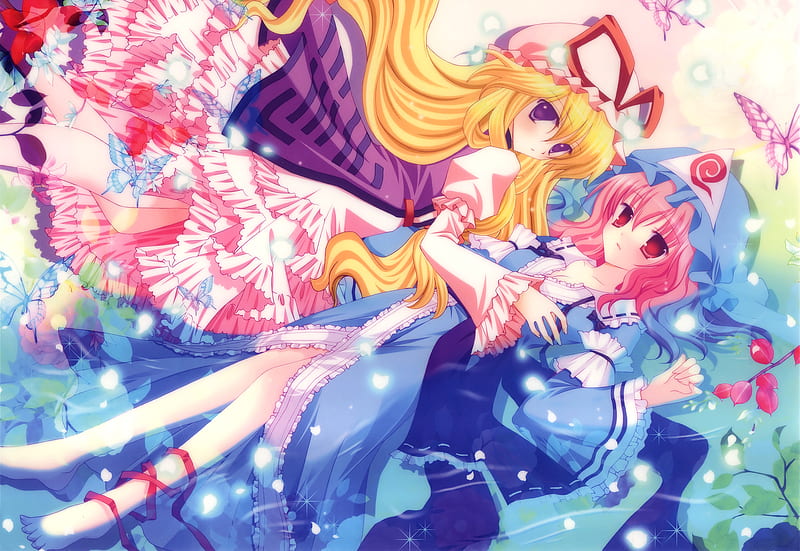 Yukari and Yuyuko, dress, blonde hair, yuyuko saigyouji, hat, yukari ...