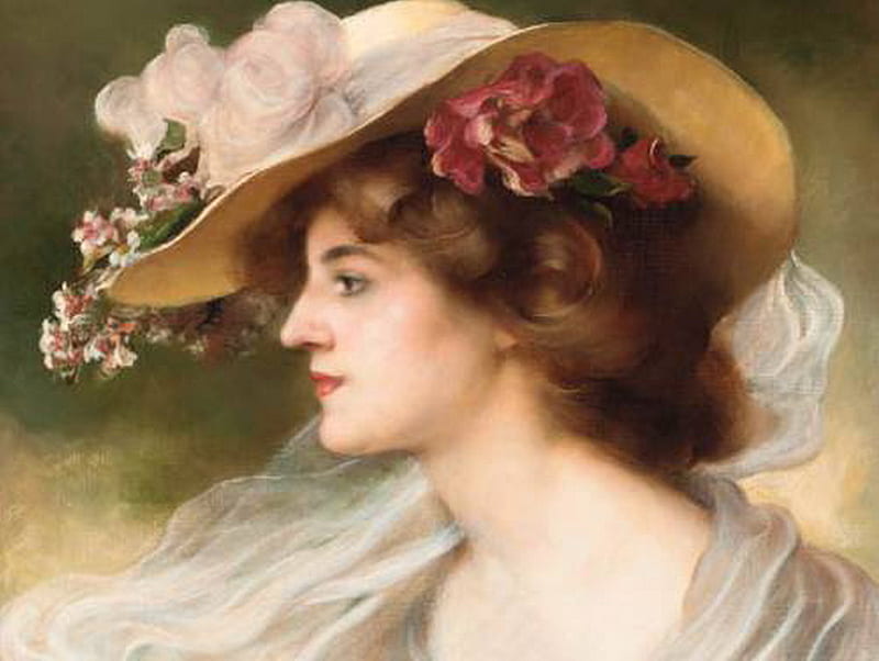 Une elegant au chapeau, with a hat, nice dress, flowers, beauty, red hair, pretty lady, elegant, HD wallpaper