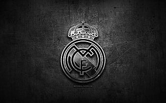 Real Madrid CF, silver logo, LaLiga, black abstract background, Galacticos, soccer, spanish football club, Real Madrid logo, football, Real Madrid FC, Spain, La Liga, HD wallpaper