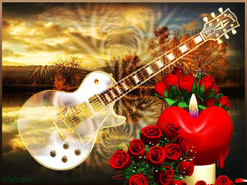 Heart of Music, red, candle, guitar, blossoms, roses, HD wallpaper