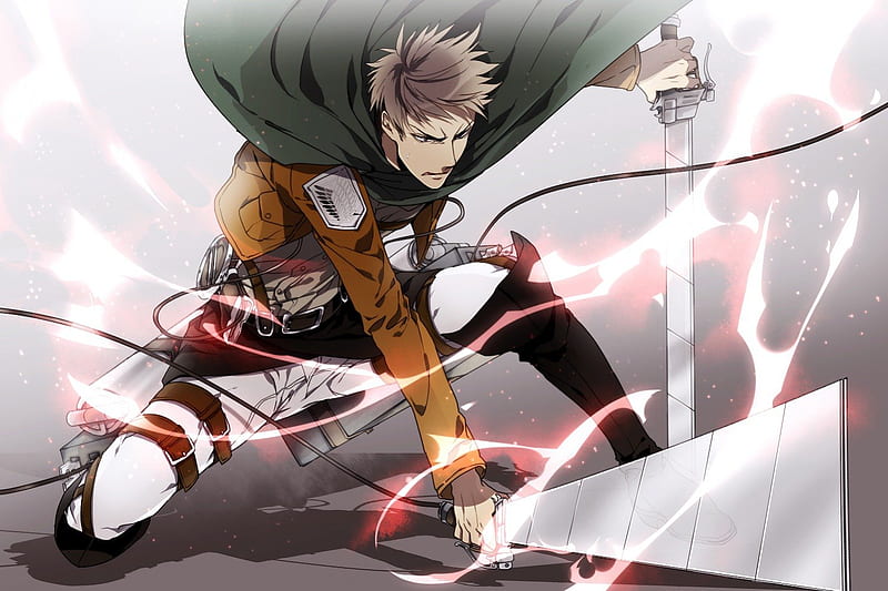 Jean Kirchstein, glow, guy, sparks, angry, blade, attack on titan, anime, handsome, hot, weapon, sword, light, male, brown hair, mad, sexy, short hair, shingeki no kyojin, armor, boy, cool, warrior, sinister, serious, HD wallpaper