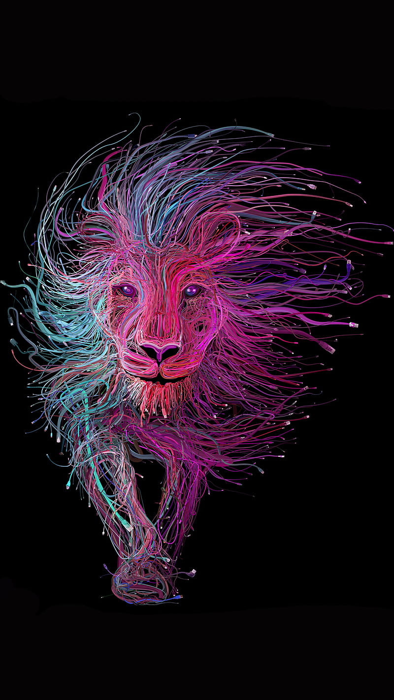 Lion, art, black, colors, purple, HD phone wallpaper