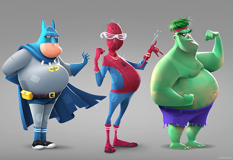 Batman Spiderman Hulk Fat, batman, spiderman, hulk, superheroes, artwork, HD wallpaper