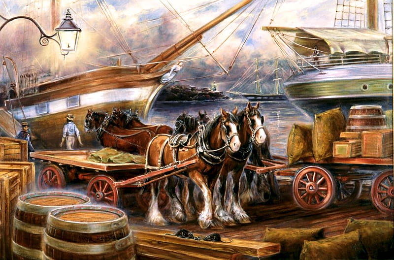 Harbor Working, people, sailship, painting, cart, barrels, workers, artwork, horses, HD wallpaper