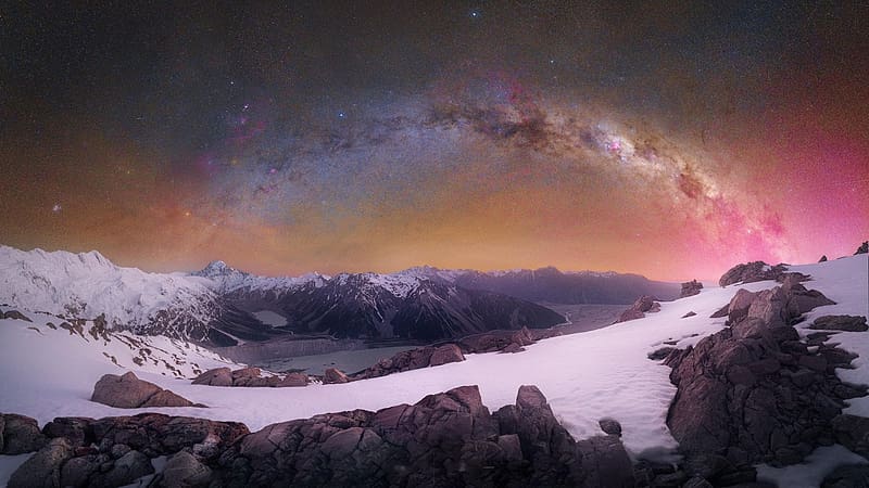 The Milky Way over the top of Aoraki National Park, New Zealand, rocks, mountains, night, snow, colors, landscape, stars, HD wallpaper
