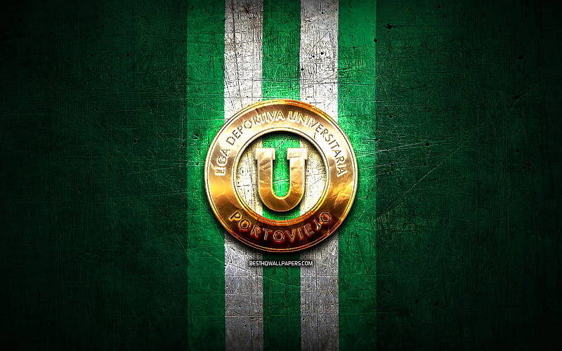 LDU Portoviejo FC, golden logo, Ecuadorian Serie A, green metal background, football, LDU Portoviejo, Ecuadorian football club, LDU Portoviejo logo, soccer, Ecuador, HD wallpaper