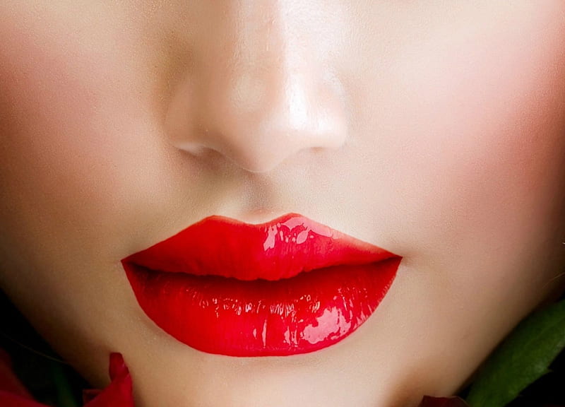 Red, glossy, face, lips, woman, lipstick, HD wallpaper