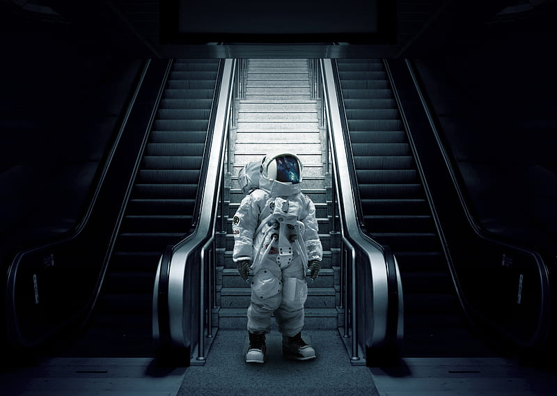 astronaut, love, cosmonaut, spacesuit, escalator, stairs, HD wallpaper