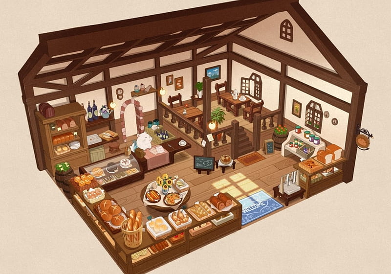 Bakery Shop, shop, indoor, bread, cute, bakery, coffee, room, orginal, pan, HD wallpaper
