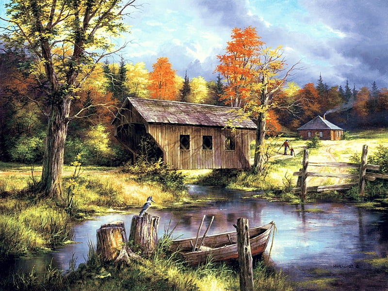 Autumn Countryside, hut, boat, covered bridge, painting, river, trees, artwork, HD wallpaper