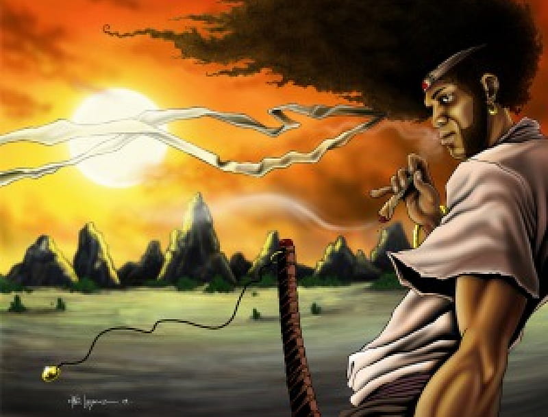 Afro Samurai, sun, anime, headband, afro, weapon, cigarette, smoke, HD wallpaper