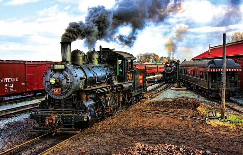 At the Trainyard, locomotive, railway, trains, steam, vintage, HD wallpaper