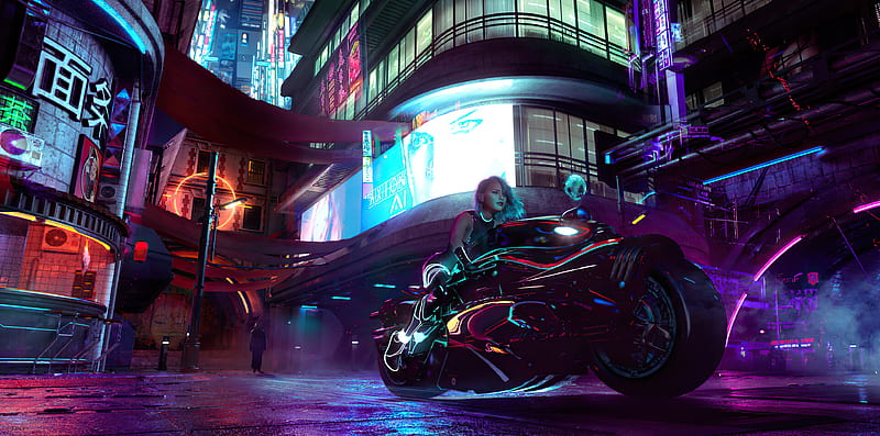 ArtStation - Neon Cyberpunk Art motorcycle girl in city road