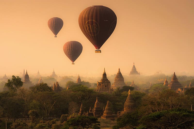 Panorama, Myanmar, , Hot Air Balloon, Bagan, HD wallpaper