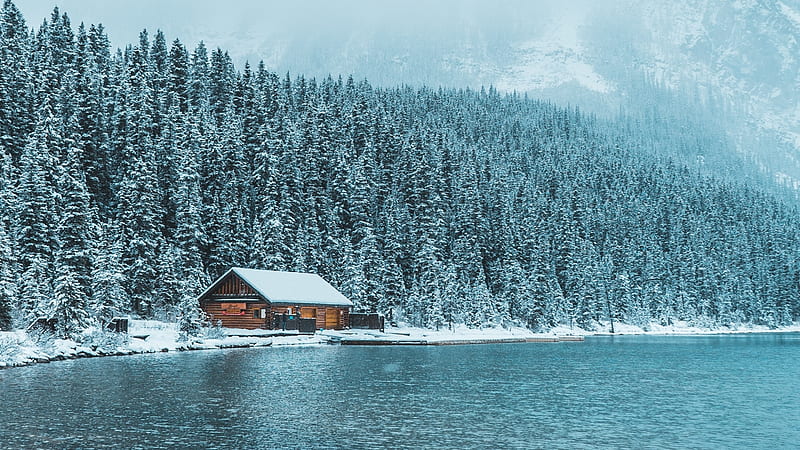 Lakeside Cabin in Winter Mountains, Mountains, Trees, Cabins, Lakes, Nature, Winter, HD wallpaper