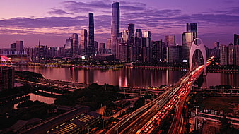 Guangzhou, china, world, buildings, city, night, traffic, bridge, HD wallpaper