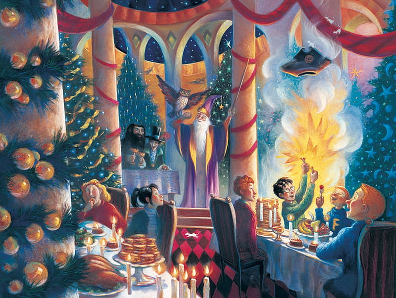 Christmas at Hogwarts, art, fantasy, craciun, harry potter, christmas, HD wallpaper