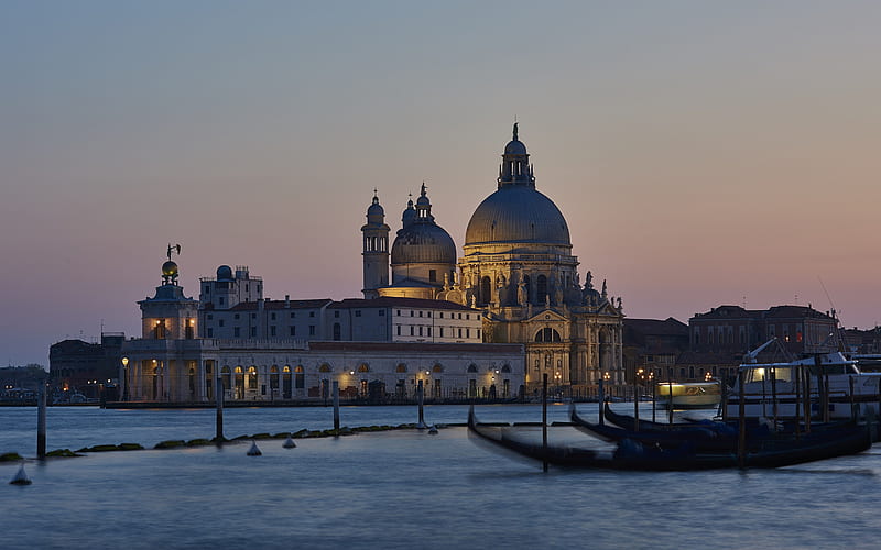 Santa Maria della Salute, Venice, Italy, evening, sunset, Venice cityscape, cathedral church, Venice landmark, HD wallpaper