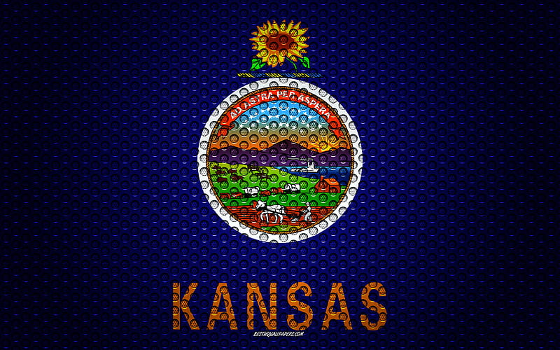 Flag of Kansas American state, creative art, metal mesh texture, Kansas flag, national symbol, Kansas, USA, flags of American states, HD wallpaper