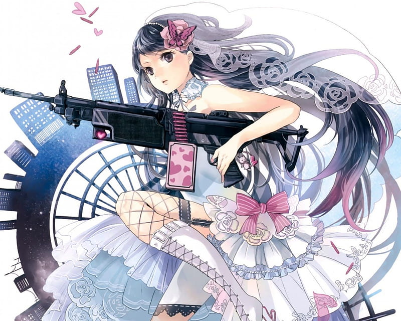Sakuragi Kei, shooting, dress, long gun, bow, roses, gun, anime, black eyes, long hair, bare foot, pink, black hair, HD wallpaper